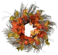  Artificial Autumn Wreath, Decorated with Pumpkins, Pinecones, 26 in Red, Brown