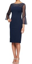NEW Women's Petite 8P Alex Evenings Embellished Cocktail Party Dress Navy 209