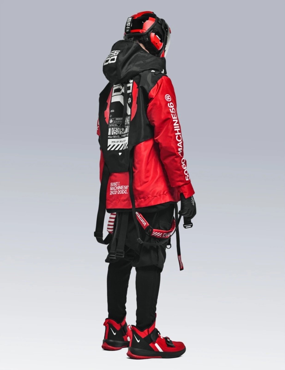 Machine56 Men's Red Lightweight Hooded Jacket Full Zip Techwear