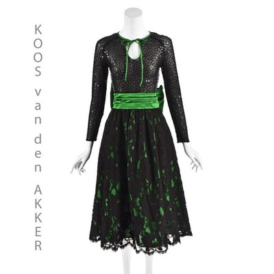 KOOS van den AKKER 3-Pc Black Lace & Green Dupioni Silk Ensemble, Size XS