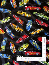 Race Cars Racing Car Toss Black Cotton Fabric Timeless Treasures C5401 By Yard