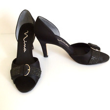 Nina Black Satin and Crystal Peep Toe D'Orsay Shoe Women's Size 7.5