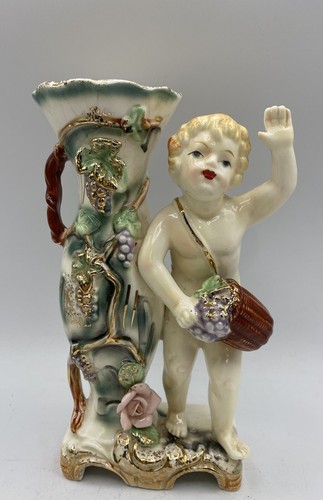 Vintage Rare Porcelain 3D Floral Cherub Vase Gold Trim Beautiful