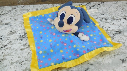 Disney Mickey Mouse 11" Plush Lovey security Baby Blanket Blue Yellow Satin