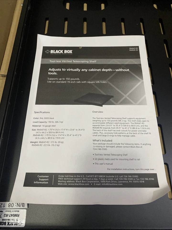 Telescoping IT Rackmount Vented Shelf - 1U Black Box RM047-R2 - Image 2 of 4