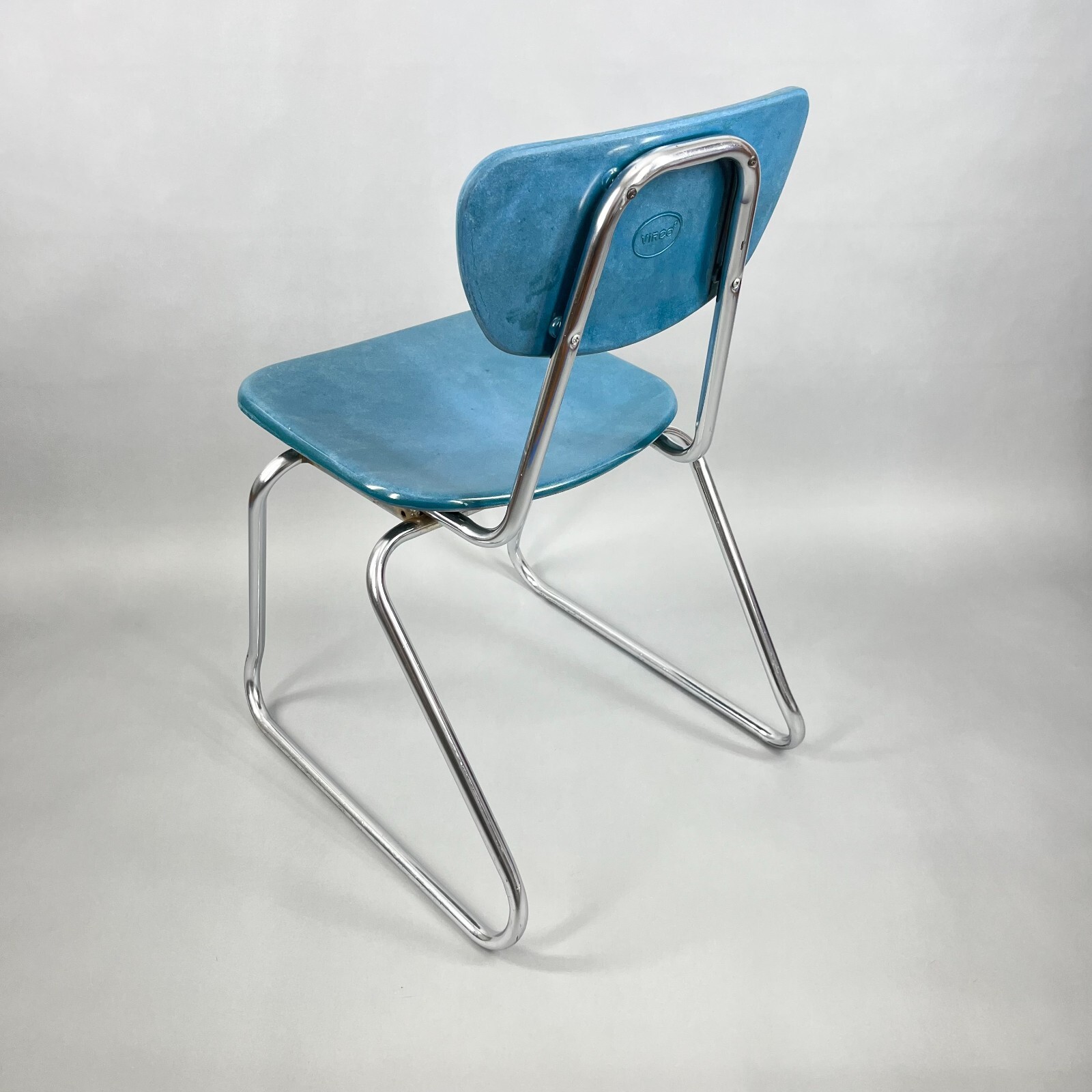 Vintage MCM Stacking Chair VIRCO Blue Teal & Chrome Sleigh Leg (4 Available)