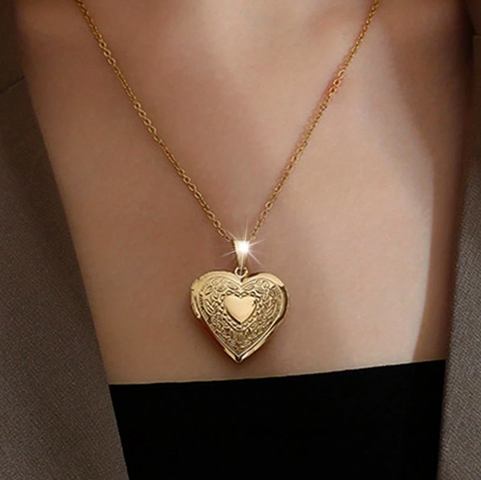 Womens Locket Necklaces Heart Pendant 18K Gold Plated Stainless Steel Chain New - Image 3 of 4