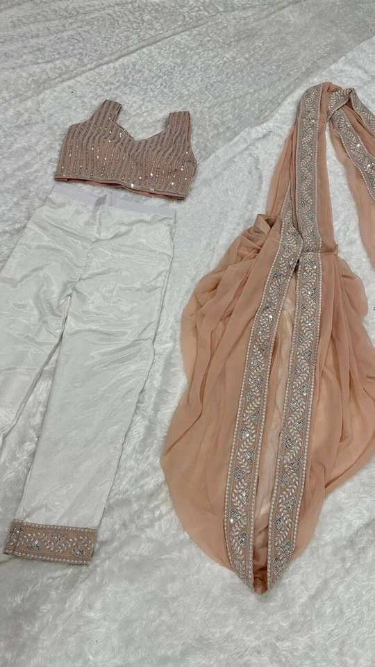 Дизайнерский предварительно драпированный сари блузка Болливуд вечеринки износ сари готовы носить сари - Изображение 2 из 4