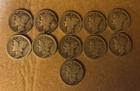 Lot of 11- Dated, 90% Silver Mercury Dime Coins, Free Shipping