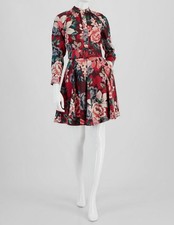 Tahari ASL Women's Red Floral Mock Neck Long Sleeve Belted Dress Size 6