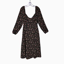 Forever 21 Black Floral Milkmaid Dress Large Smocked Midi Peasant Cottagecore