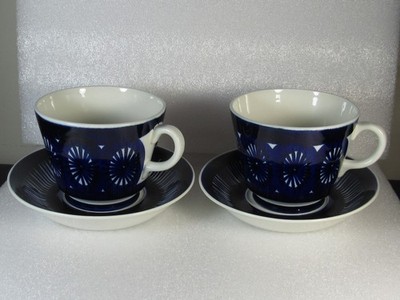 Two Arabia Finland Cobalt Blue Ulla Procope FIESTA 2 Large Cups & Saucers 16 oz