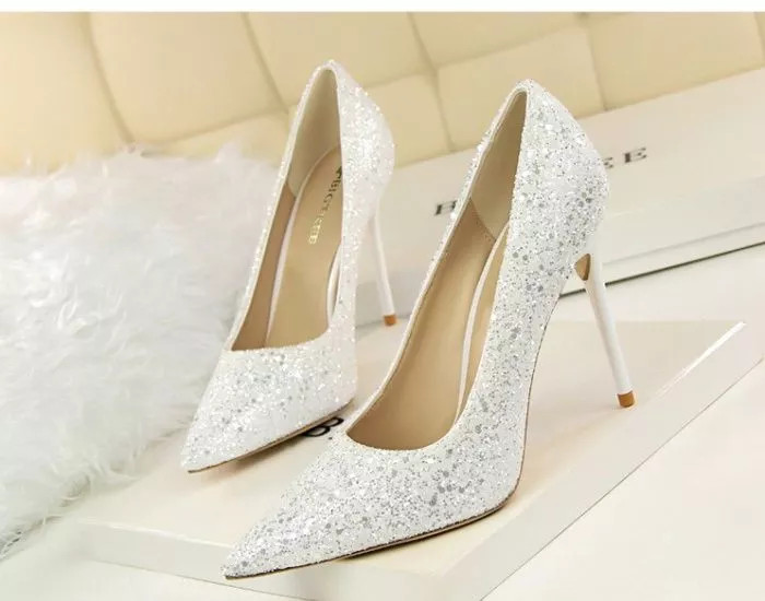 Zapatos de Salón Blancas Purpurina Punta Con Tacón Alto 9,5 CM Pero Boda CF53001