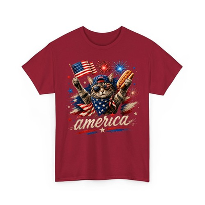 #ad Retro Funny America Cat Hot Dog Lovers Patriotic USA Flag T Shirt $17.99