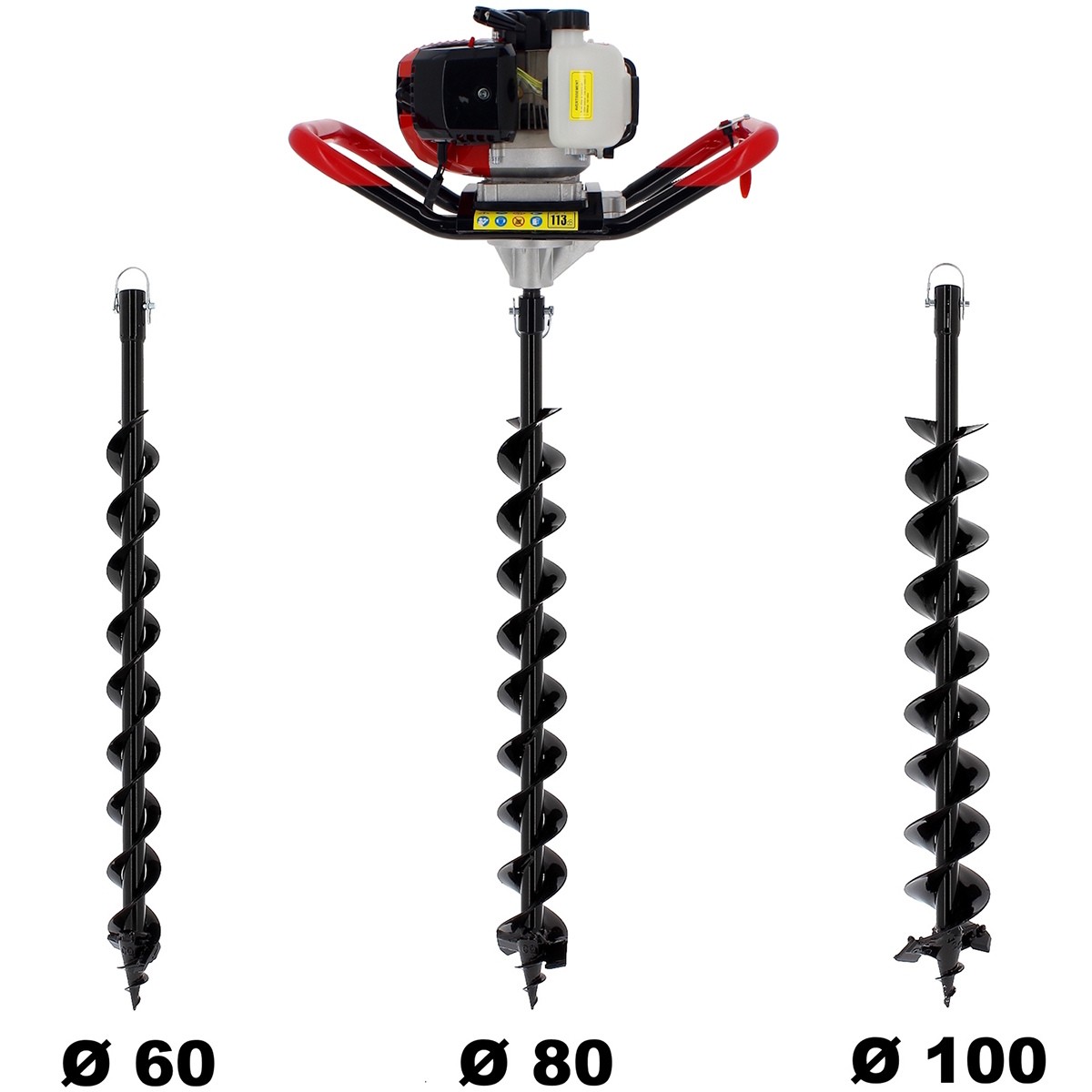 Tarière thermique 62 cm3 avec trois mèches robustes en acier pour sol dur