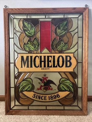 Large Vintage Stained Glass Michelob Beer Hanging Sign Anheuser RARE HTF