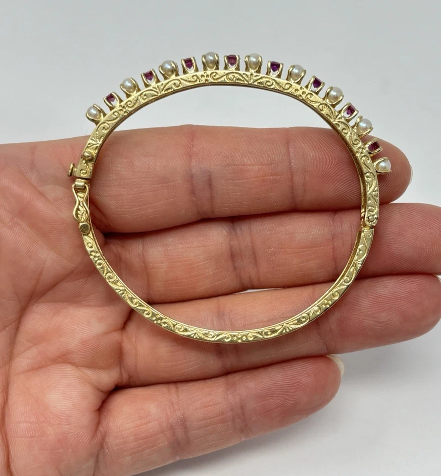 14K Ruby & Seed Pearl Yellow Gold Bangle Hinged Bracelet Youth Small - Image 3 of 4