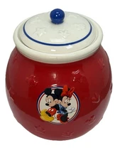 Disney Mickey & Minnie Mouse Ceramic Vintage Red Cookie Jar Canister Lid 7” X 6”