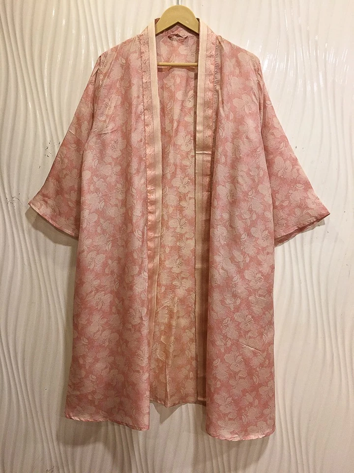 Bata kimono midi de seda pura hasta la rodilla vestido kimono de seda rosa-blanco roto MKMO2249 Foto 2 de 4