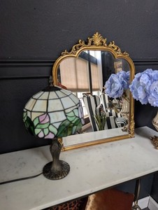 Vintage Tiffany Style Stained Glass Purple Green Roses 16" x 8.5"