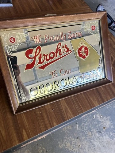 Vintage STROH'S BEER ADVERTISING MIRROR SIGN To Our Georgia Friends 21.5” x 15"