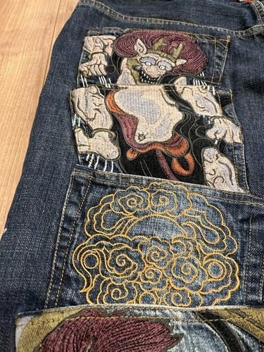 Jeans Karakuri Tamashii uomo design Fujin Raijin denim ricamato taglia 40 - Foto 3 di 9