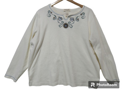 Sz 2X Bechamel II Top HEAVYWEIGHT Off White Floral Embroidered Cotton Pullover