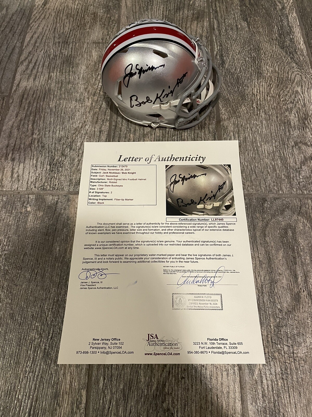 BOB KNIGHT JACK NICKLAUS SIGNED DUAL OHIO STATE BUCKEYES MINI HELMET JSA LOA OSU 