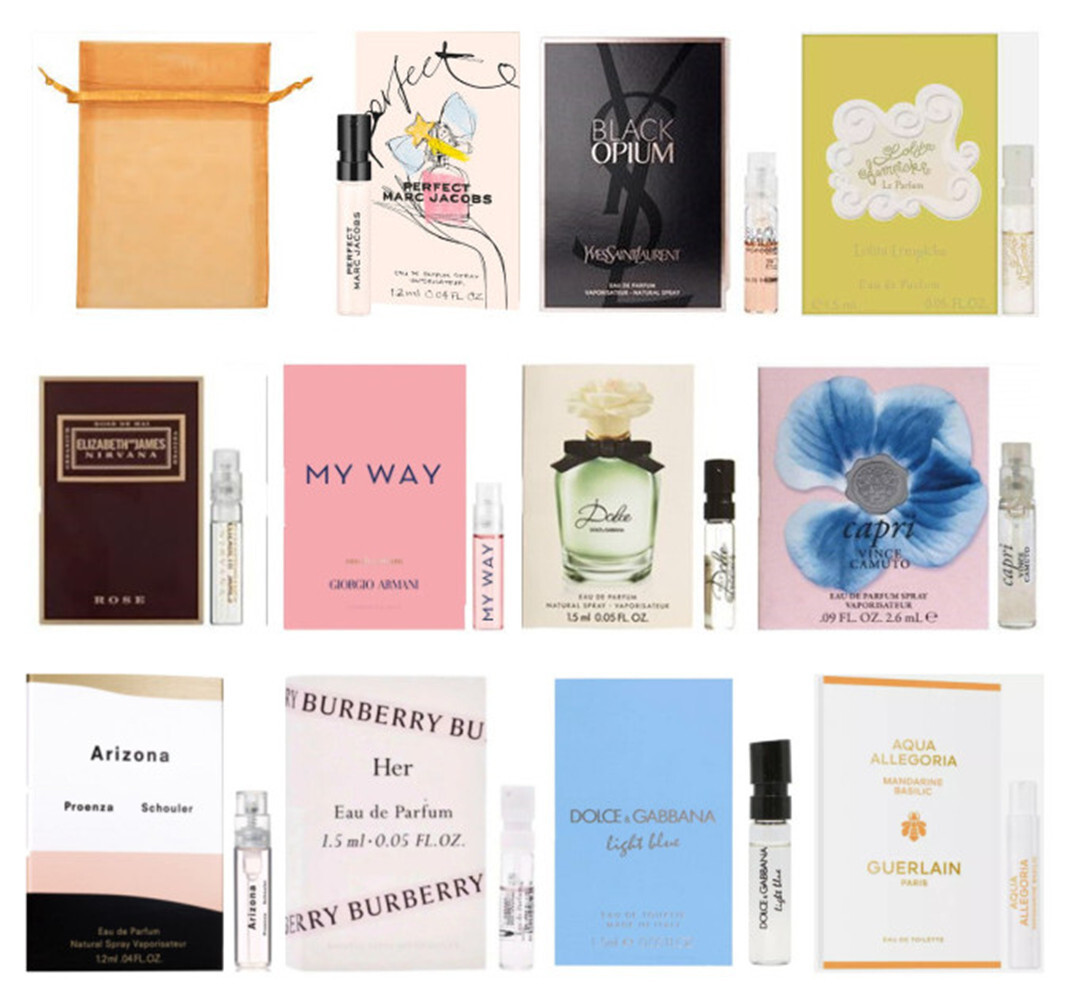 11 Women's Perfume Sample Vials gift set Organza Bag Travel Size New in Cards
