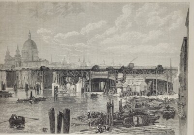 London England  New Blackfriars Bridge  1868  vintage print  Construction bridge