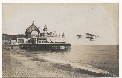 Postcard Biplane Aeroplane flying over Nice Pier France - A1024