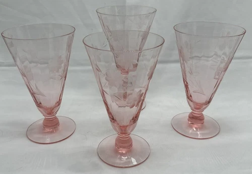 Set of 4 Vintage Pink Depression Glass Parfait Tumblers Floral Etched Var Sizes