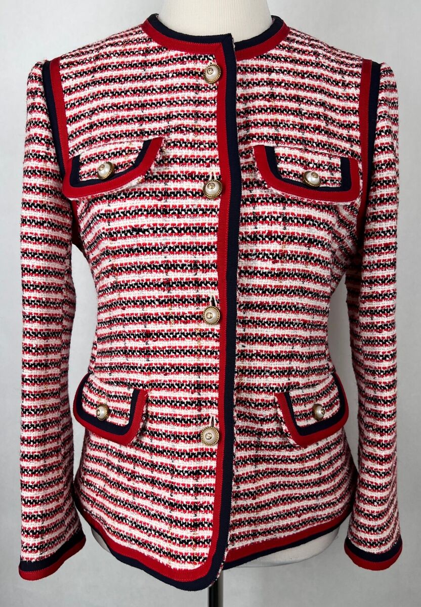 Gucci Women's Red/White/Blue Tweed Jacket with Pearl Buttons Gucci Women's Red/White/Blue Tweed Jacket with Pearl Buttons
