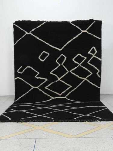 Moroccan Handmade Area Rug Abstract Berber Wool Carpet Black Beni Ourain 6x9 Ft - Picture 1 of 7