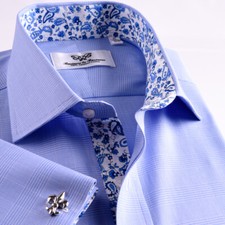 Light Blue Checks Dress Shirt Mens Herringbone Formal Business Windsor Collar