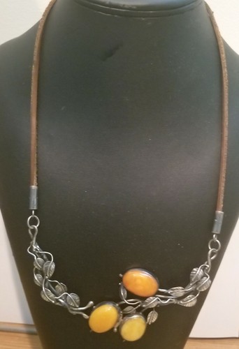 Antique Vintage Butterscotch Amber Sterling Silver Leather Floral Leaf Necklace - Picture 5 of 6