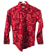 Miller Denver Colorado 1970s Red Cotton Western Bandana Print Kids Snap Shirt M