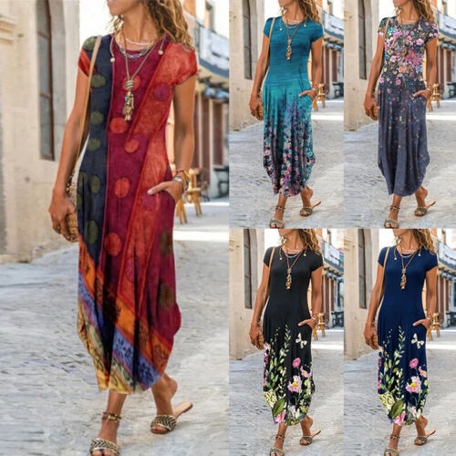 Women Floral Boho Maxi Dress Sundress Ladies Holiday Plus Size Dresses Summer +