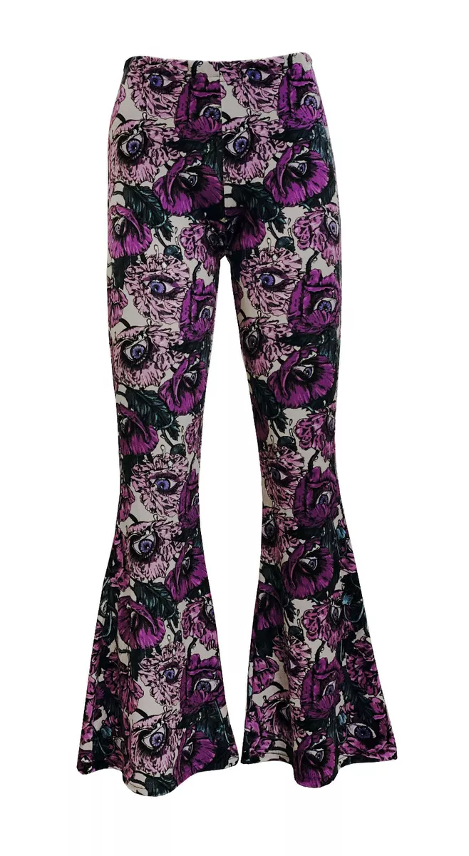 Women's Floral Eyes Flowers Vintage Velvet Velour Flare Bell Bottom Leggings