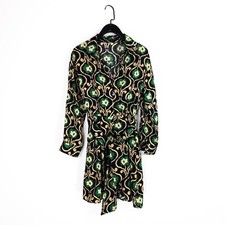 Zara Black Green Beige Floral Belted Button Through Satin Shirt Dress - Size XS