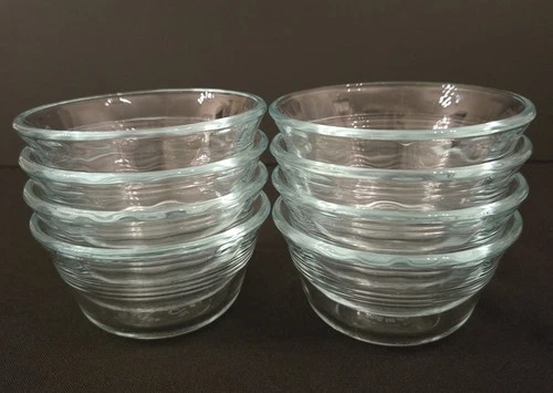 SET OF 8 CORNING PYREX 3 RING  RAMEKIN CUSTARD CUP 6 OZ LITE GREEN TINT #463 USA