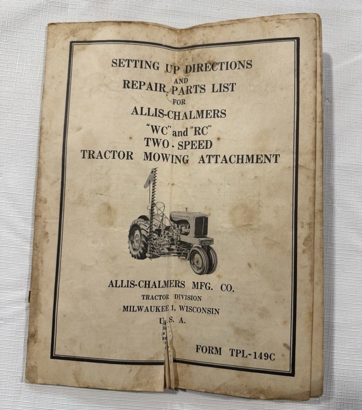 Operators Instructions/Parts Manual Allis Chalmers Mower AttachmentForm TPL-149C