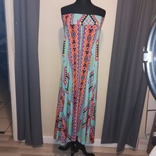 HERSHE Boho Tribal Aztec Bohemian Strapless Maxi Dress Foldover Skirt Xl