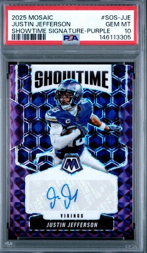 Justin Jefferson 2025 Panini Mosaic Showtime Purple Auto /49 PSA 10 Vikings