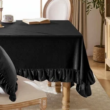 Black Velvet Tablecloth 60 x 120 Inch, Retro Farmhouse Ruffle Oblong Tableclo...