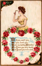 Victorian Woman with Glasses Valentine Poem with Roses Postcard