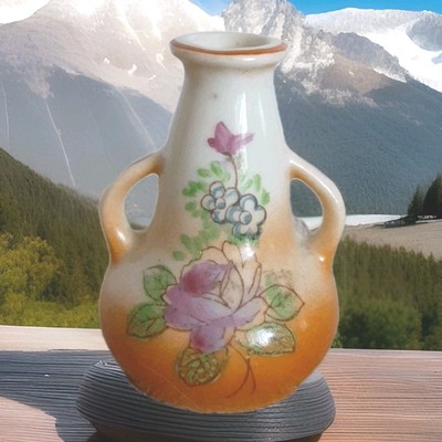 Vtg Trico Nagoya Japan Mini Vase Hand Painted Floral Double Handle 2 1/2'' As Pic