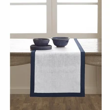 Linen Table Runner 90 Inches Long - 100% Pure Linen Navy and White Dining Tab...