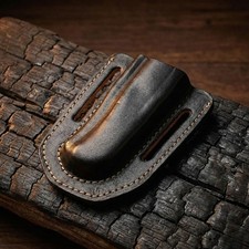 Tactical Folding Knife Sheath Black Genuine Leather EDC Bushcraft Scout Carry