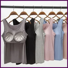 2025 Women's Vest Tops With Built In Bra Neck Vest Padded Slim Fit Tank Tops